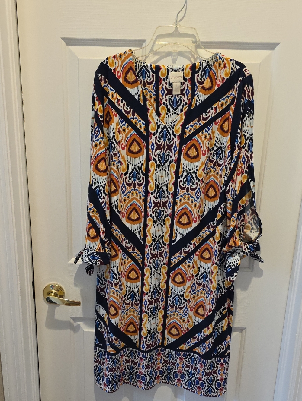 Chico's Printed V-Neck Tunic in Navy, Mustard & White